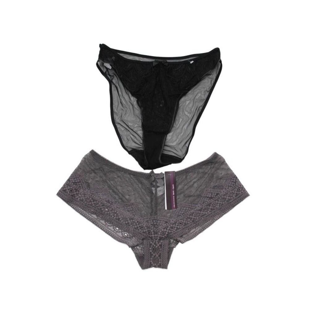 Princesse Tam Tam Womens Sheer Lace Bow Accent Panties Set Black/Gray Size 2
